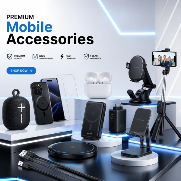 Mobile accessories including chargers, cables and phone holders.