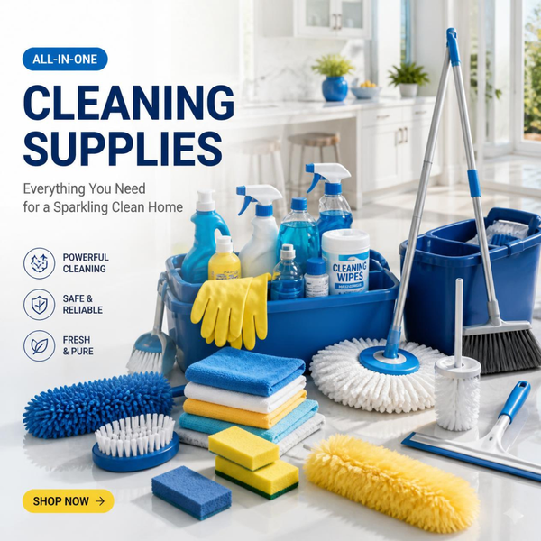 Cleaning supplies including mops, brushes and household cleaning tools.