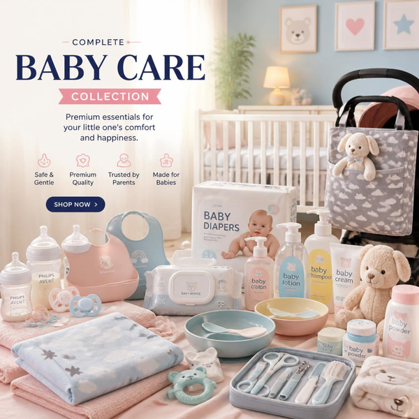 Baby care essentials including feeding, grooming and safety products.