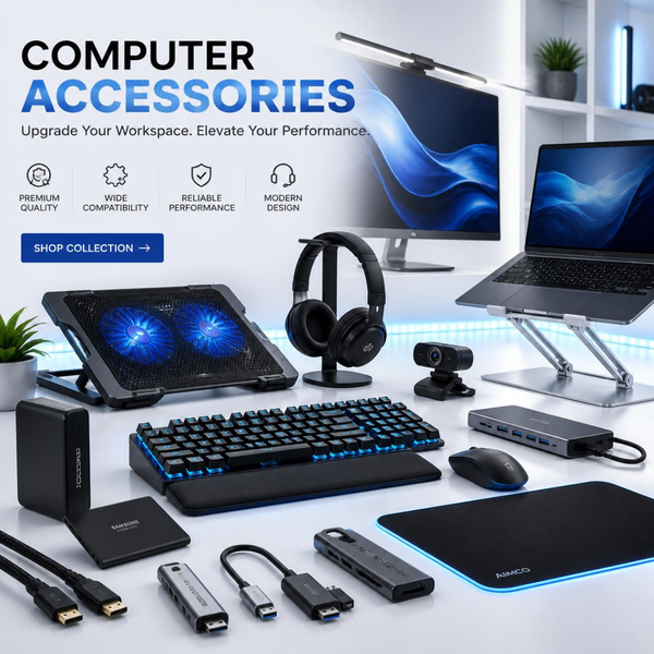 Computer accessories including keyboards, mouse and laptop stands.