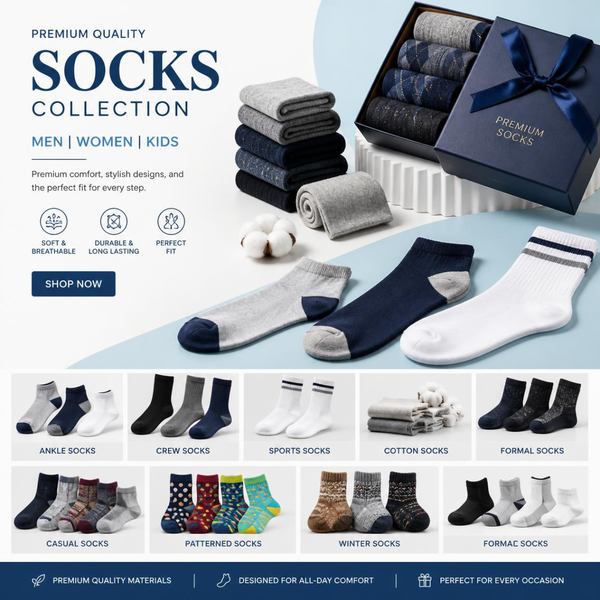 Comfortable socks for men, women and kids for everyday wear.